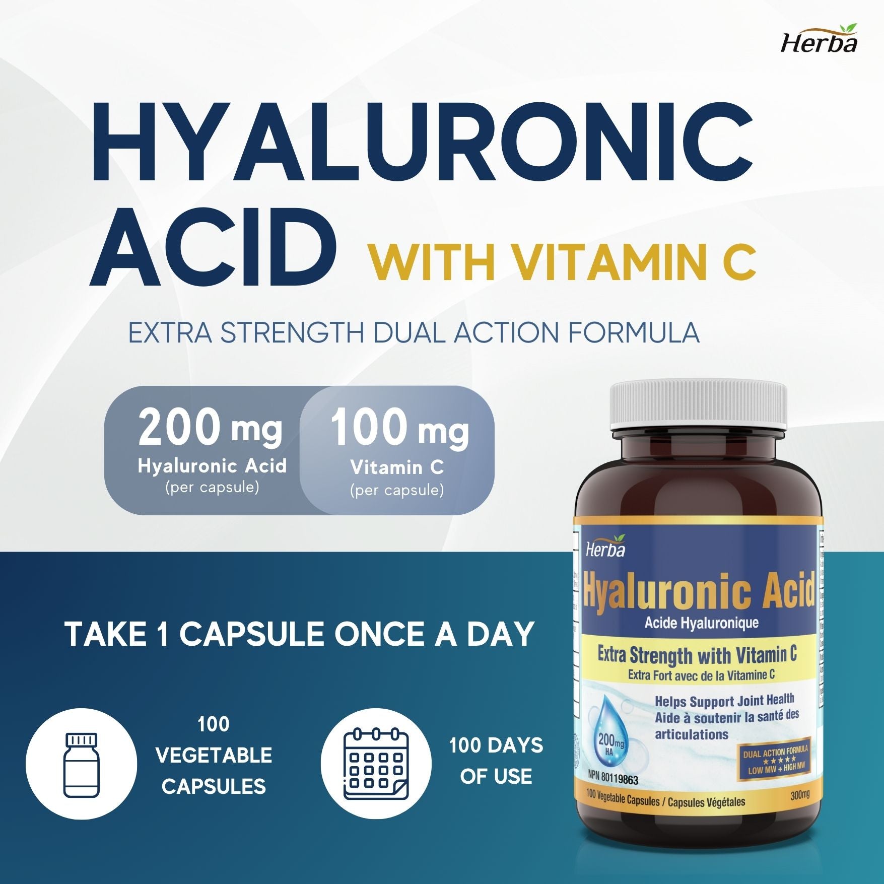 Hyaluronic Acid Supplement 200mg with Vitamin C - 100 Vegetable Capsules