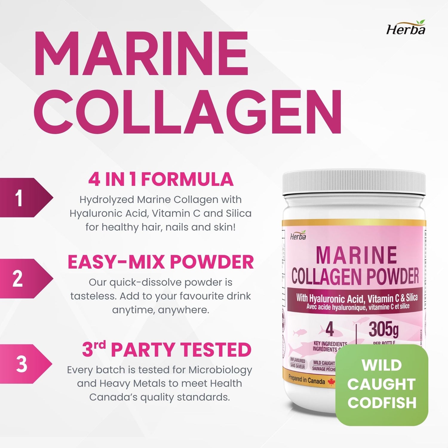 Poudre de Collagène Marin avec Acide Hyaluronique, Silice et Vitamine C – 305g (Nouveau)