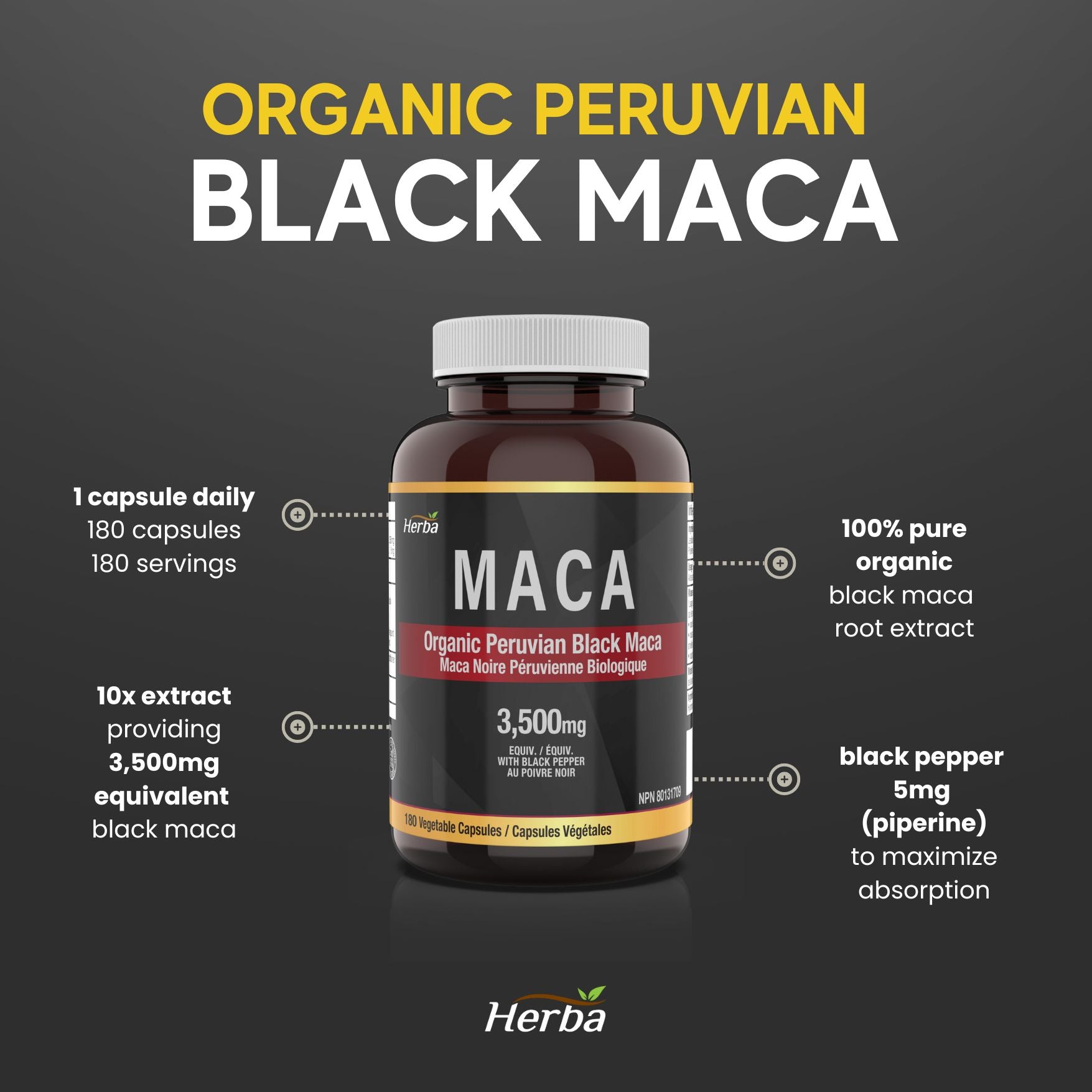 Organic Black Maca Capsules - 3500mg, 180 Capsules | Peruvian Black Maca | Made in Canada