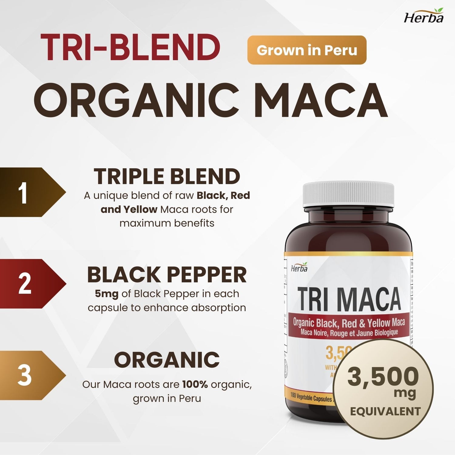 Herba Organic Tri Maca Supplement 3500mg – 180 Capsules | Made in Canada