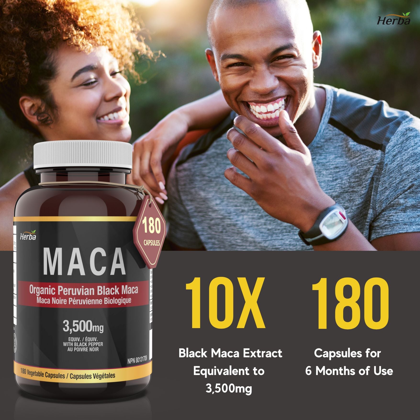 Gélules de Maca noire biologique - 3500 mg, 180 gélules | Maca noire péruvienne | Fabriqué au Canada