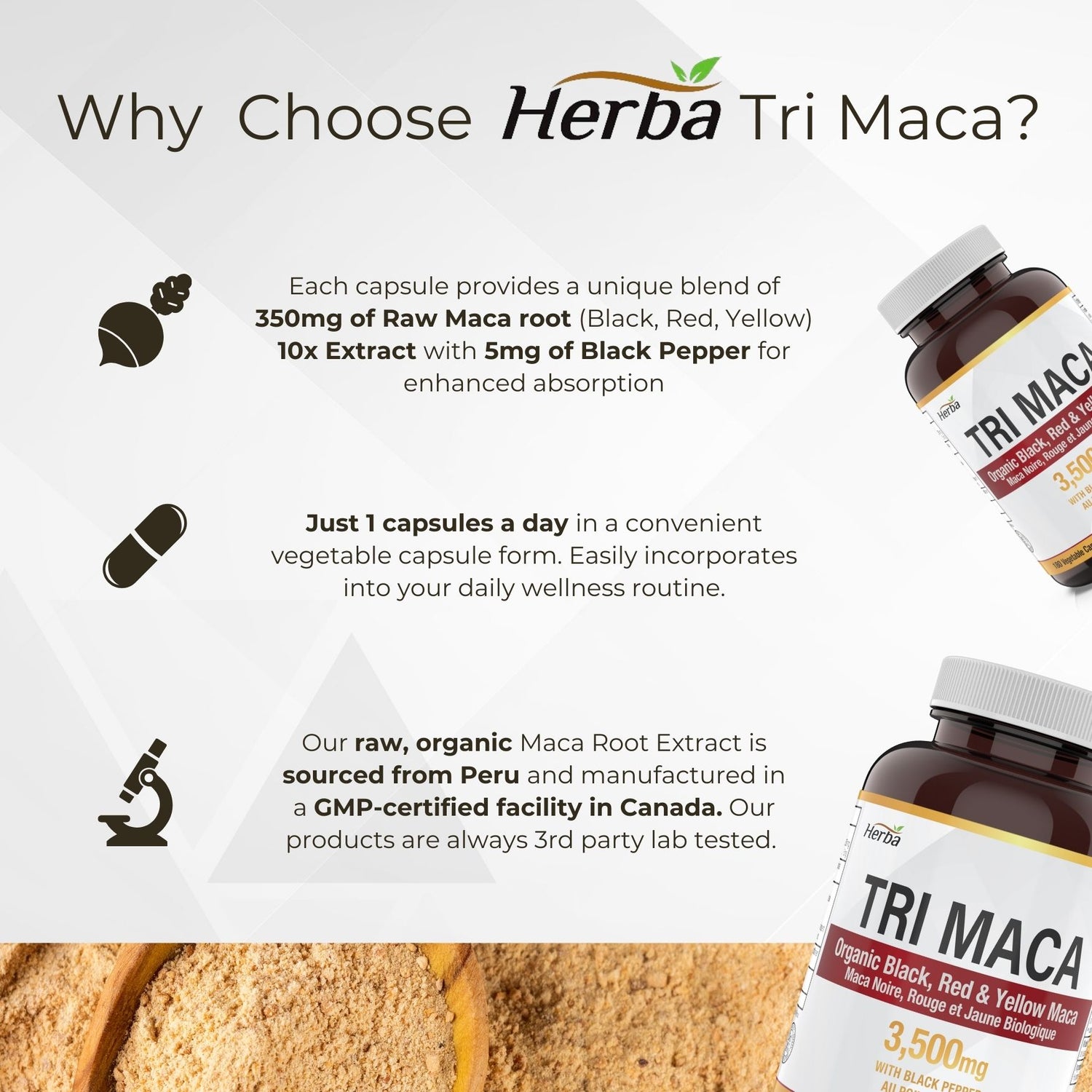 Organic Tri Maca Capsules 3500mg – 180 Capsules | Sourced from Peru | Made in Canada