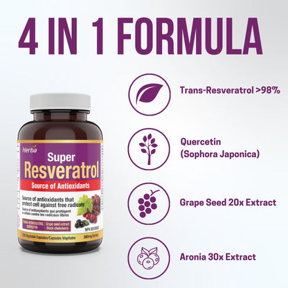 Complément de Resvératrol - 120 capsules | Trans-resvératrol avec échinacée, quercétine, extrait de pépins de raisin et aronia