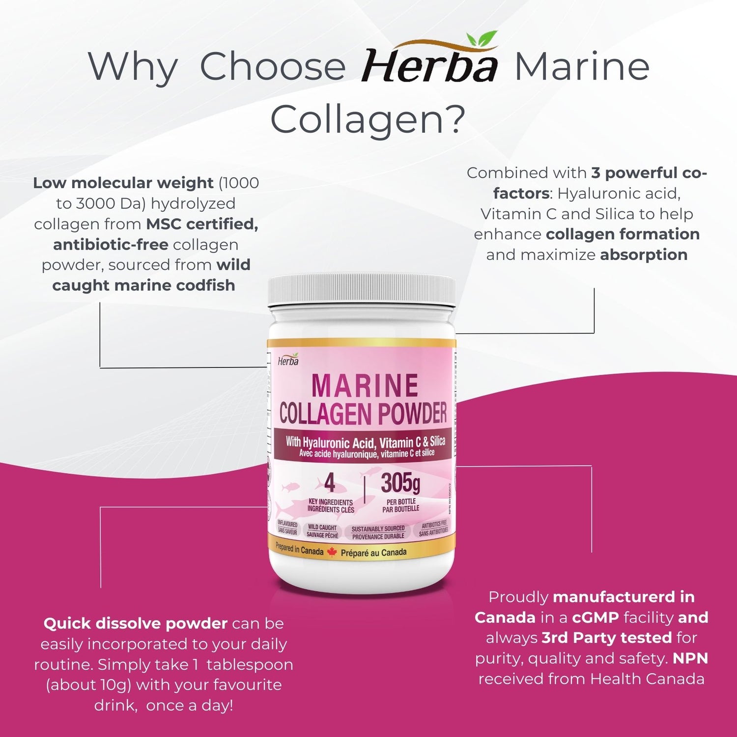 Poudre de Collagène Marin avec Acide Hyaluronique, Silice et Vitamine C – 305g (Nouveau)