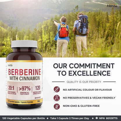 Berberine Supplement with Ceylon Cinnamon – 120 Capsules | Berberine 1000mg (per serving) | Made in Canada