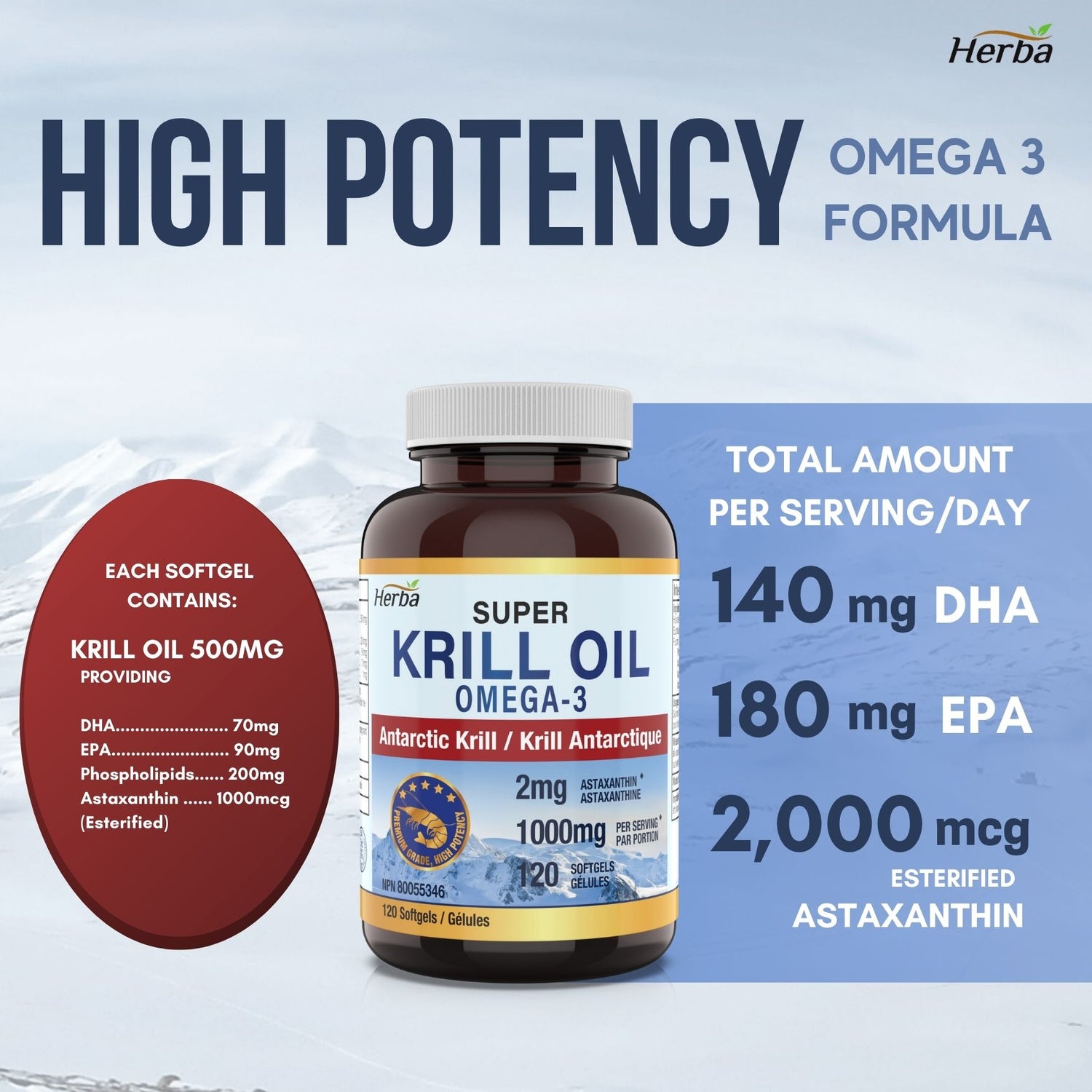 Huile de krill antarctique 500 mg - 120 gélules | Fabriqué au Canada