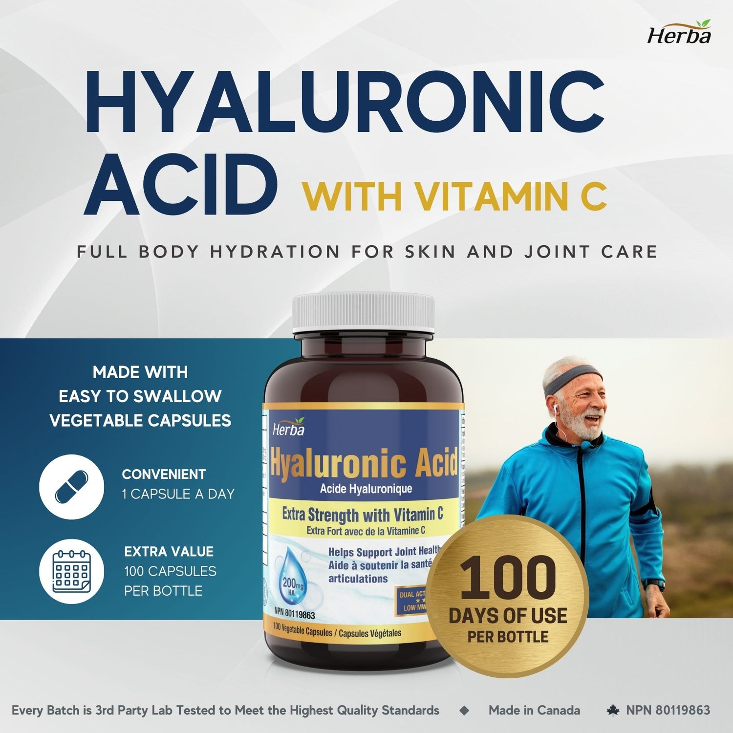 Hyaluronic Acid Supplement 200mg with Vitamin C - 100 Vegetable Capsules