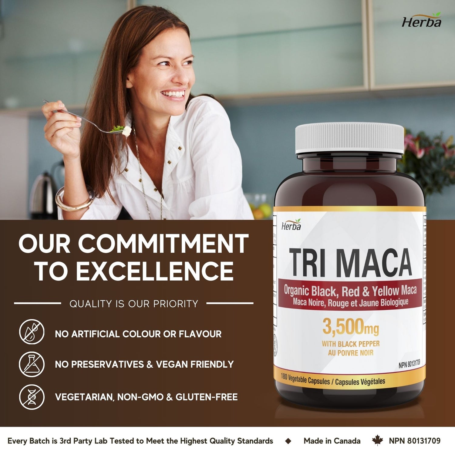 Herba Organic Tri Maca Supplement 3500mg – 180 Capsules | Made in Canada