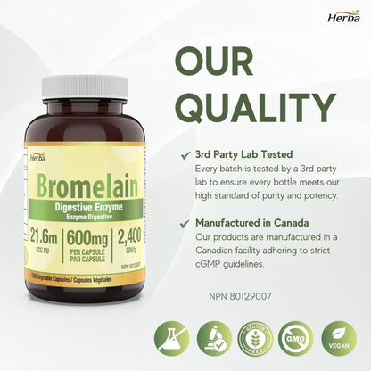 Supplément de bromélaïne 600 mg – 180 gélules | Puissance maximale de 2 400 GDU/g