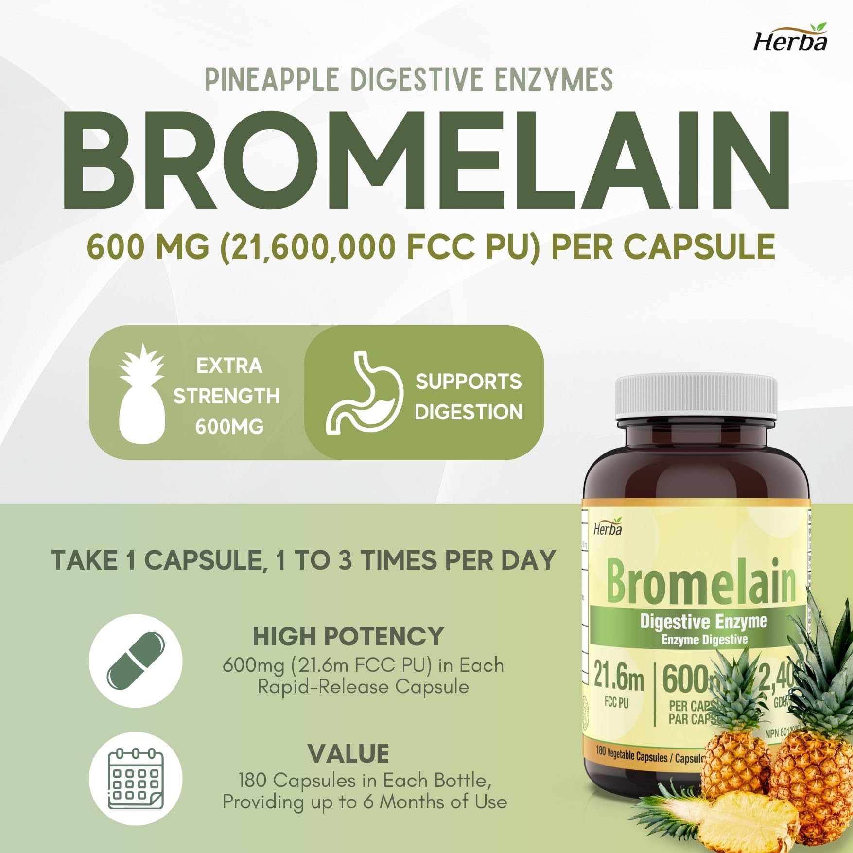 Supplément de bromélaïne 600 mg – 180 gélules | Puissance maximale de 2 400 GDU/g