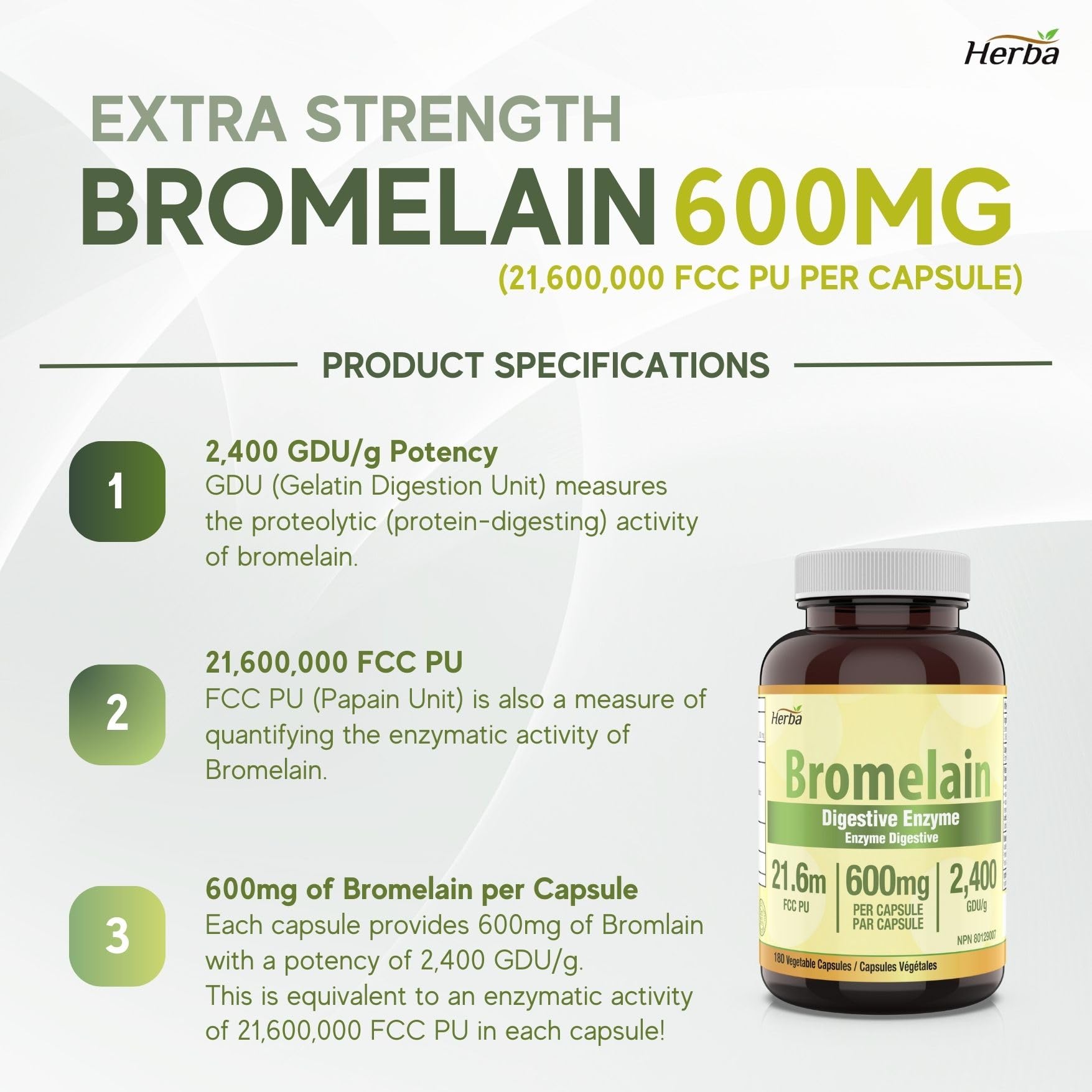 Supplément de bromélaïne 600 mg – 180 gélules | Puissance maximale de 2 400 GDU/g