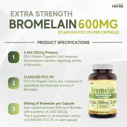 Bromelain Supplement 600mg – 180 Capsules | 2,400 GDU/g Max Potency