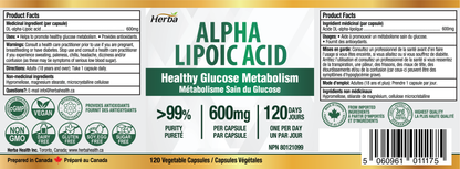 Acide alpha-lipoïque 600 mg - 120 capsules | Fabriqué au Canada