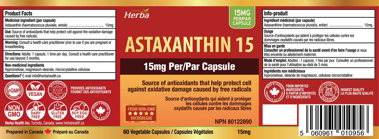 Astaxanthin Supplement 15mg – 60 Vegetable Capsules | Made in Canada