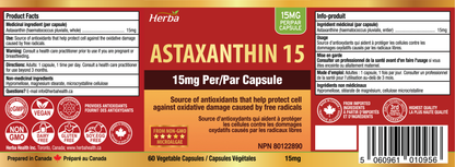 Astaxanthin Supplement 15mg – 60 Vegetable Capsules | Made in Canada