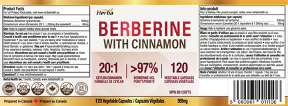 Berberine Supplement with Ceylon Cinnamon – 120 Capsules | Berberine 1000mg (per serving) | Made in Canada