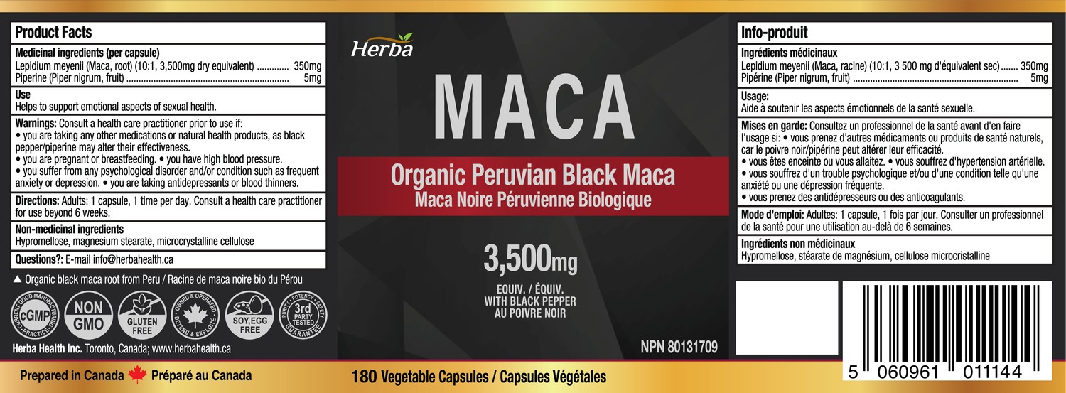 Organic Black Maca Capsules - 3500mg, 180 Capsules | Peruvian Black Maca | Made in Canada