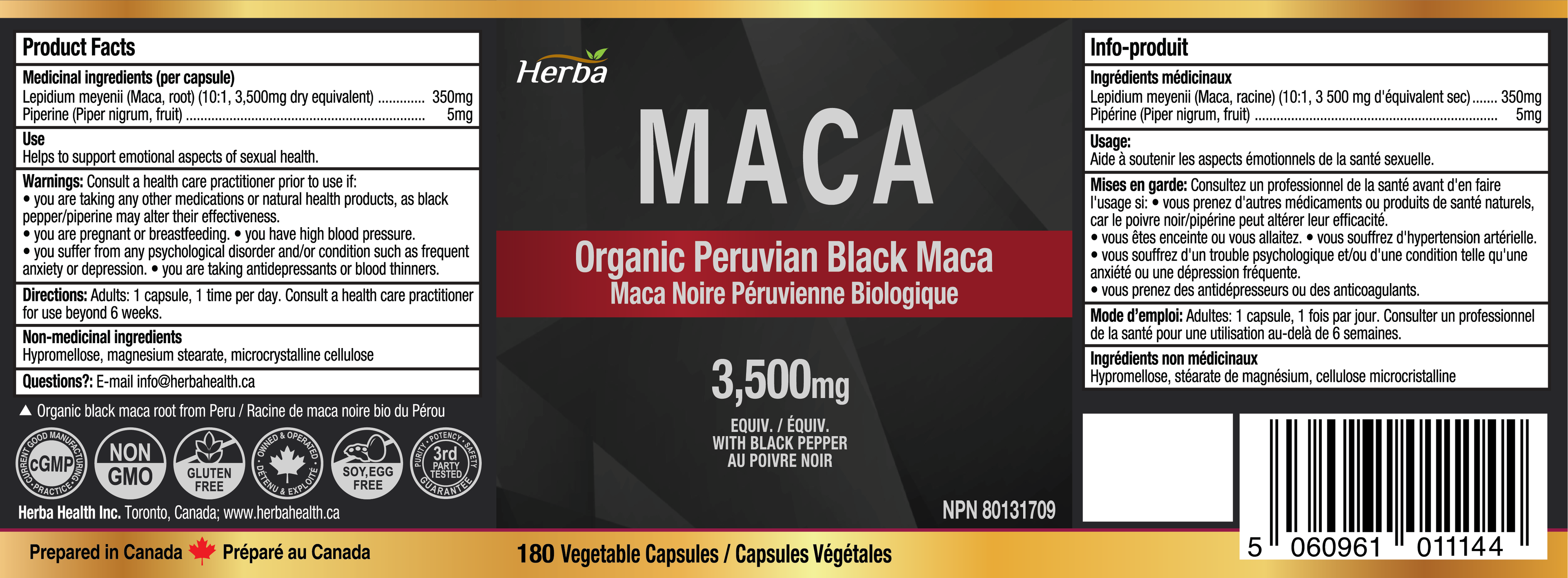 Organic Black Maca Capsules - 3500mg, 180 Capsules | Peruvian Black Maca | Made in Canada