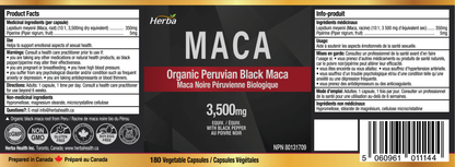 Gélules de Maca noire biologique - 3500 mg, 180 gélules | Maca noire péruvienne | Fabriqué au Canada