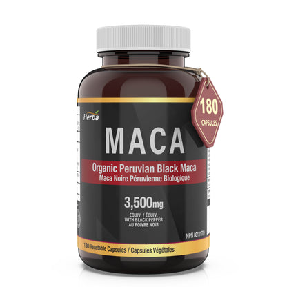 Organic Black Maca Capsules - 3500mg, 180 Capsules | Peruvian Black Maca | Made in Canada