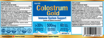 Suppléments de colostrum bovin 500 mg - 120 gélules | Riche en lactoferrine et immunoglobulines | 30 % d&