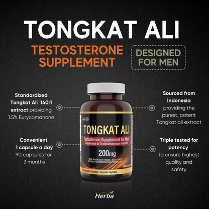 Supplément pur Tongkat Ali pour hommes 200 mg – 90 gélules | Extrait indonésien de Tongkat-ali | Fabriqué au Canada