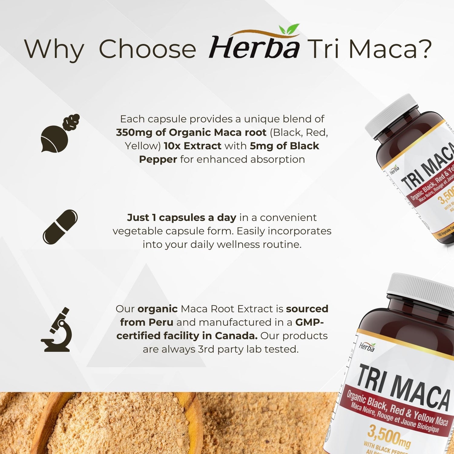 Organic Tri Maca Capsules 3500mg – 180 Capsules | Sourced from Peru | Made in Canada