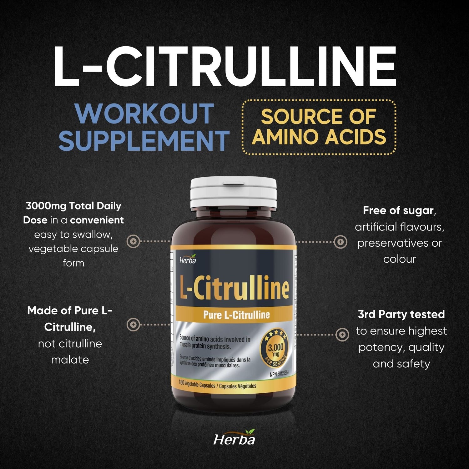 L-Citrulline Supplement 750mg – 180 Vegetable Capsules | Made in Canada