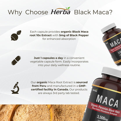 Organic Black Maca Capsules - 3500mg, 180 Capsules | Peruvian Black Maca | Made in Canada