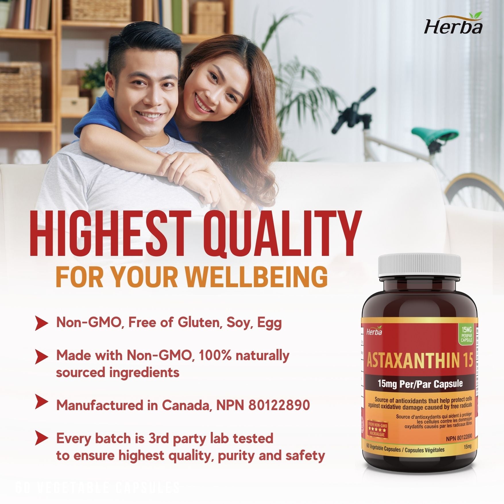 Astaxanthin Supplement 15mg – 60 Vegetable Capsules | Made in Canada