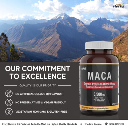 Organic Black Maca Capsules - 3500mg, 180 Capsules | Peruvian Black Maca | Made in Canada