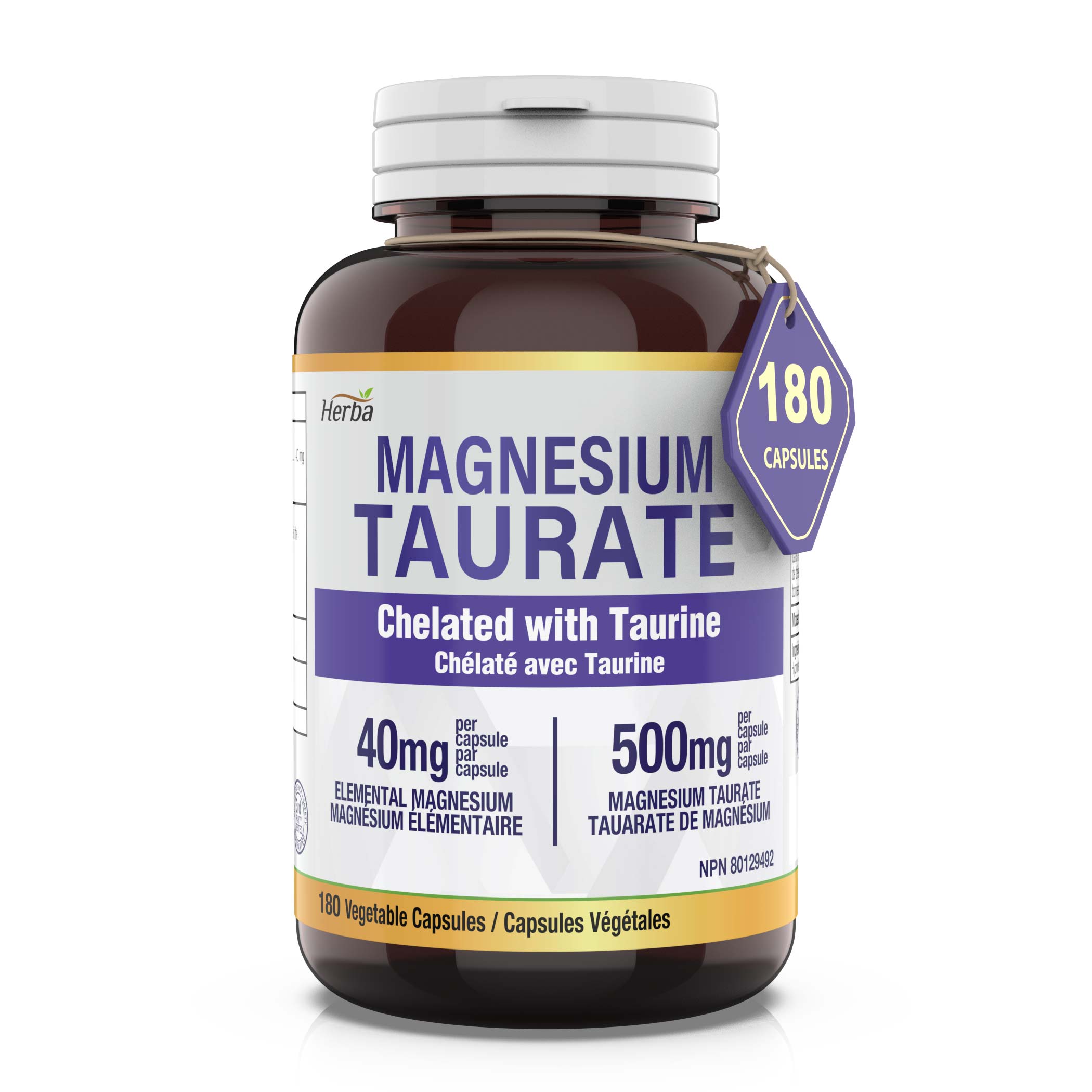 Magnesium Taurate Supplement 500mg - 180 Capsules | Made in Canada – Herba