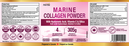 Poudre de Collagène Marin avec Acide Hyaluronique, Silice et Vitamine C – 305g (Nouveau)