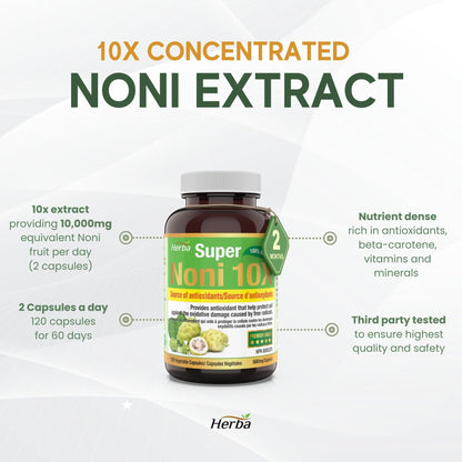 Natural Noni Capsules 10X - 120 Vegan Capsules | 10,000mg Per Day | 10:1 Concentration