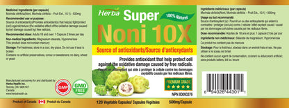 Natural Noni Capsules 10X - 120 Vegan Capsules | 10,000mg Per Day | 10:1 Concentration