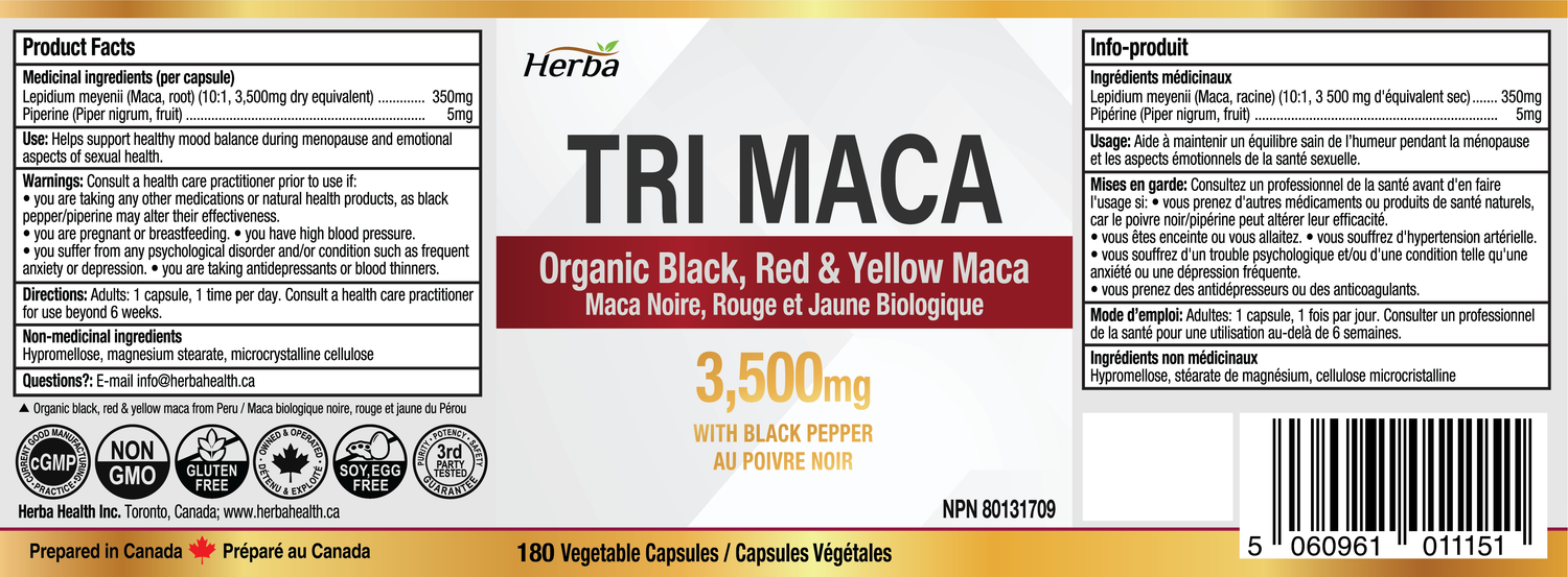 Organic Tri Maca Capsules 3500mg – 180 Capsules | Sourced from Peru | Made in Canada