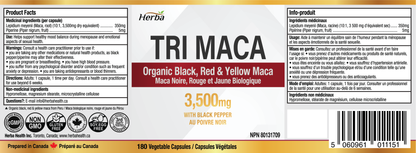 Organic Tri Maca Capsules 3500mg – 180 Capsules | Sourced from Peru | Made in Canada