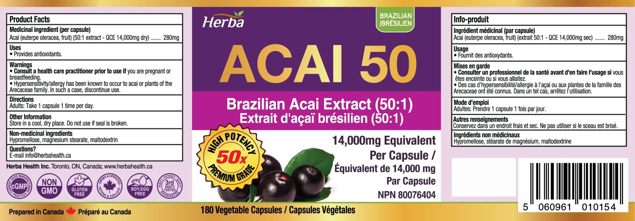 Acai Berry Capsules – 180 Vegetable Capsules | 14,000mg Equivalent - 50:1 Extract - Herba