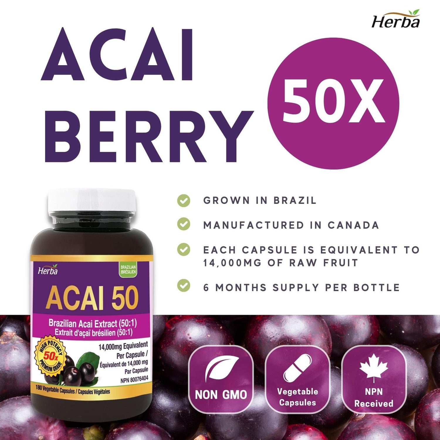 Acai Berry Capsules – 180 Vegetable Capsules | 14,000mg Equivalent - 50:1 Extract - Herba