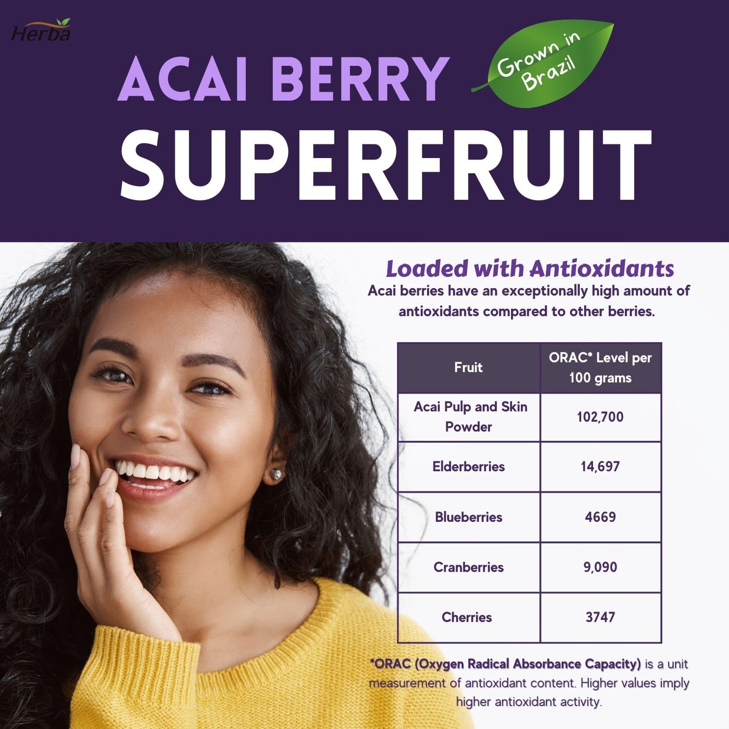 Acai Berry Capsules – 180 Vegetable Capsules | 14,000mg Equivalent - 50:1 Extract - Herba