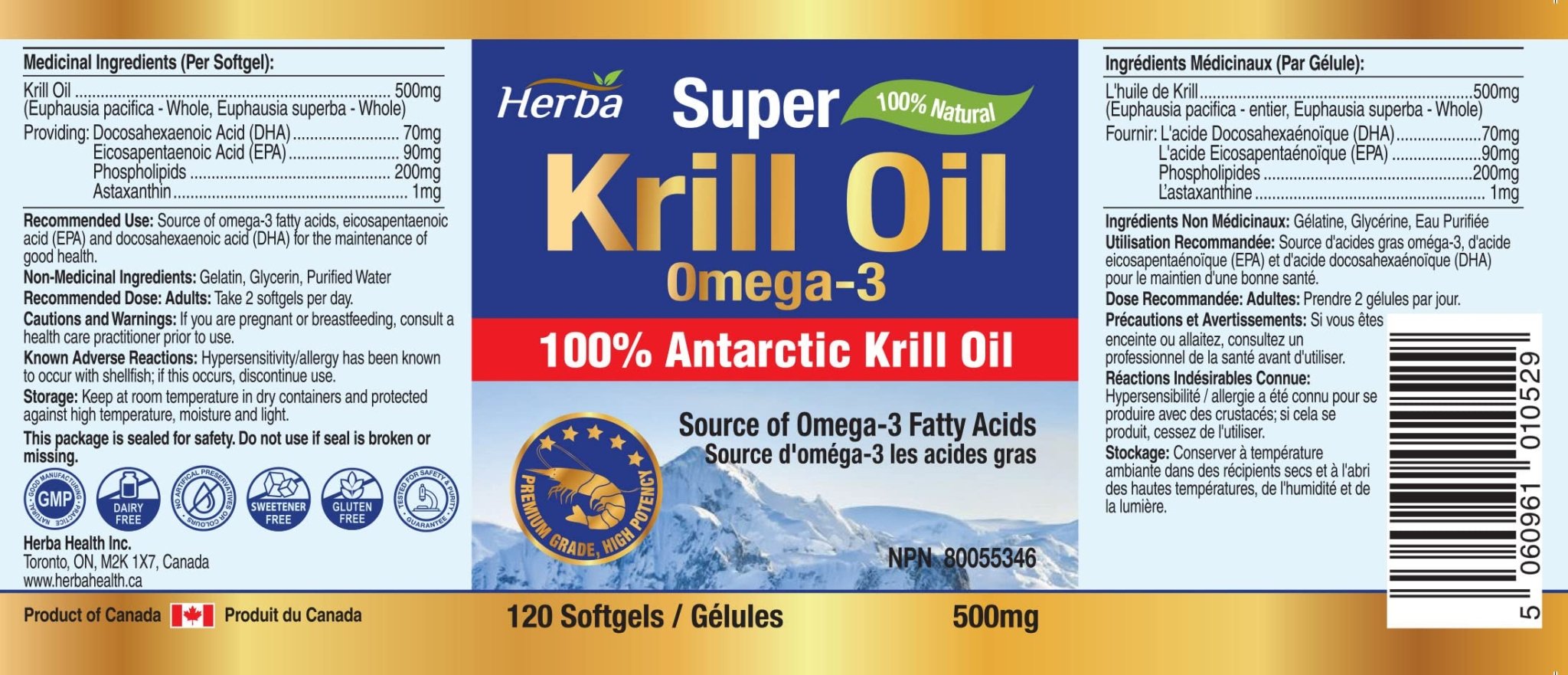 Antarctic Krill Oil 500mg - 120 Softgels | Made in Canada - Herba