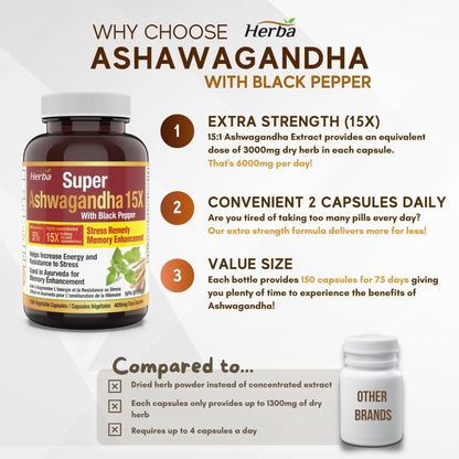 Ashwagandha Supplement - 150 Capsules | Made in Canada | 6000mg Dry Powder Equivalent Per Day - Herba