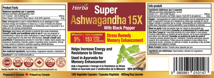 Ashwagandha Supplement - 150 Capsules | Made in Canada | 6000mg Dry Powder Equivalent Per Day - Herba