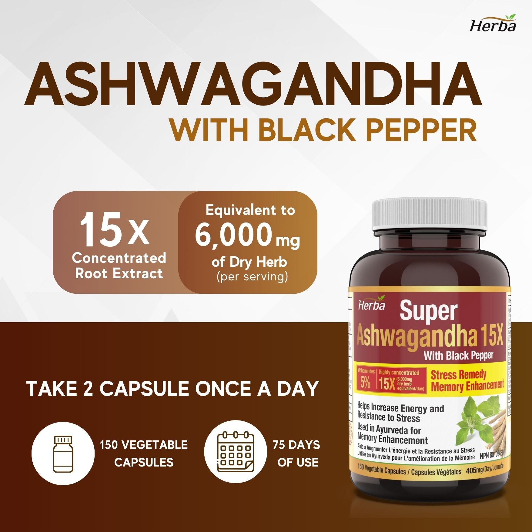 Ashwagandha Supplement - 150 Capsules | Made in Canada | 6000mg Dry Powder Equivalent Per Day - Herba