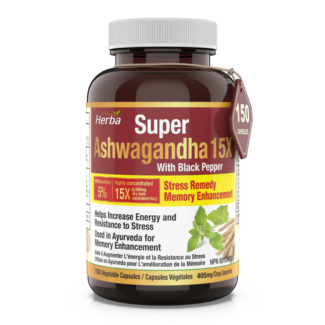 Ashwagandha Supplement - 150 Capsules | Made in Canada | 6000mg Dry Powder Equivalent Per Day - Herba