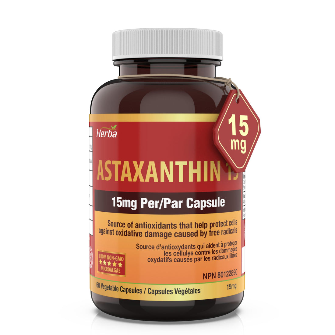 Astaxanthin Supplement 15mg – 60 Vegetable Capsules | Made in Canada - Herba