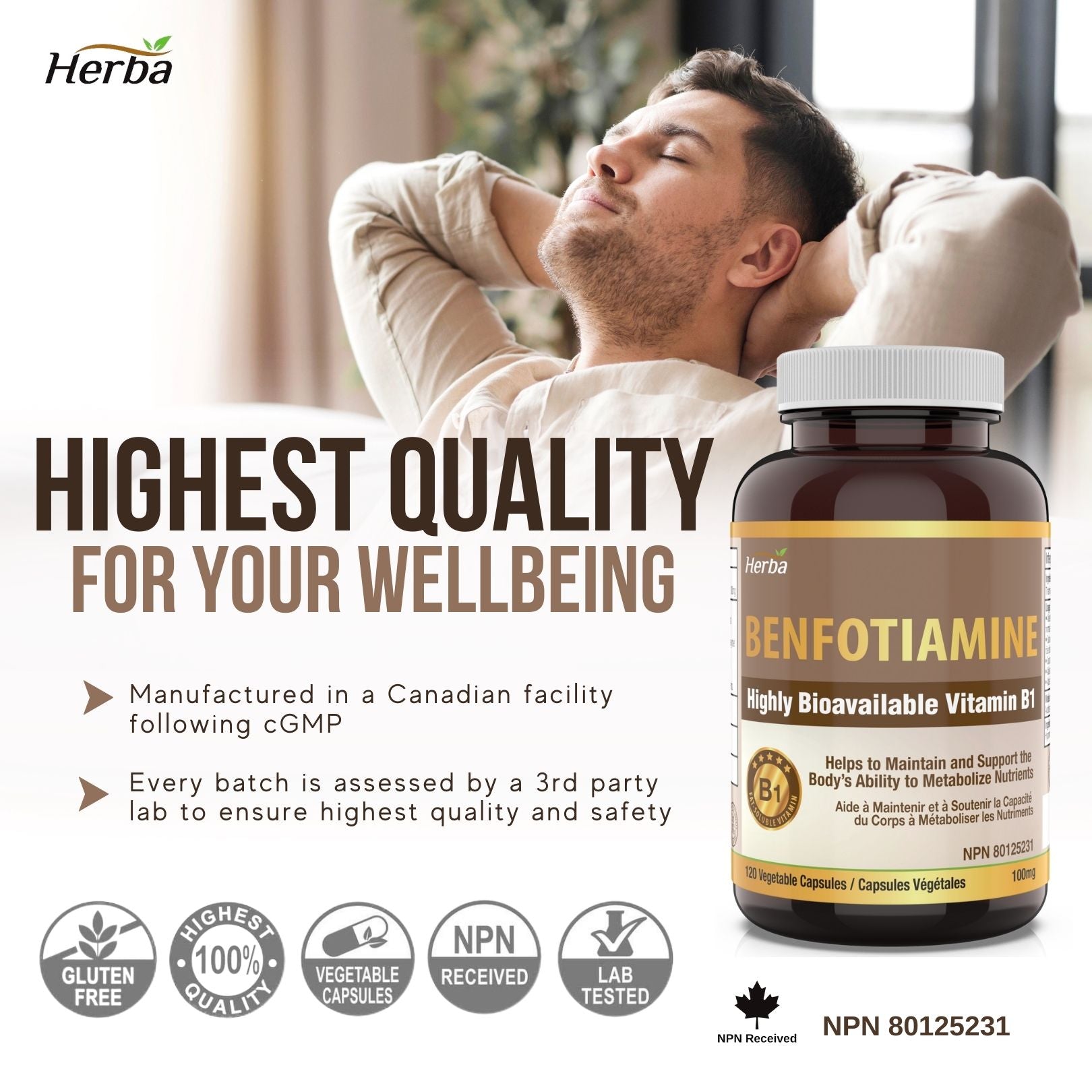 Benfotiamine 100mg - 120 Capsules | Fat Soluble Vitamin B1 | Made in Canada - Herba