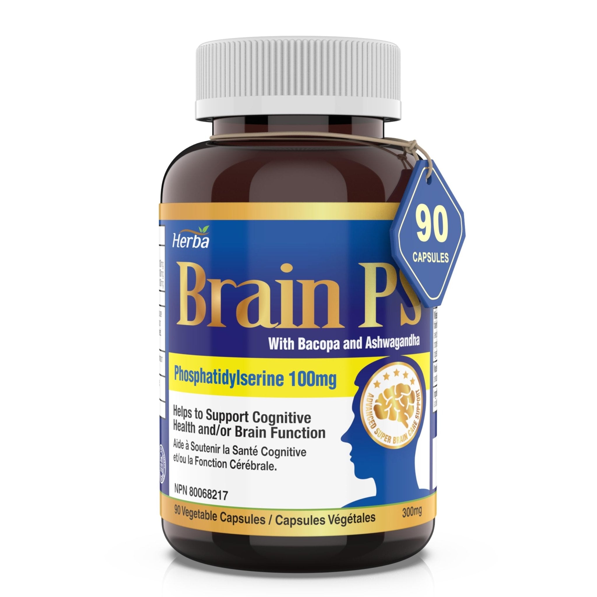 Brain PS - 90 Capsules | Brain Supplement with Phosphatidylserine, Bacopa Monnieri, and Ashwagandha - Herba