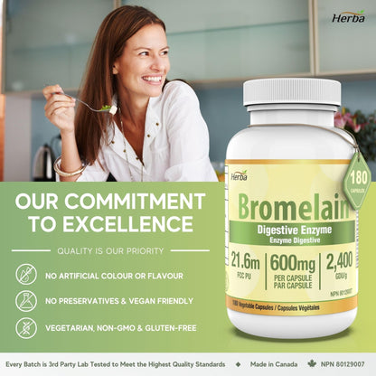 Bromelain Supplement 600mg – 180 Capsules | 2,400 GDU/g Max Potency - Herba