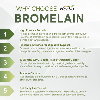 Bromelain Supplement 600mg – 180 Capsules | 2,400 GDU/g Max Potency - Herba